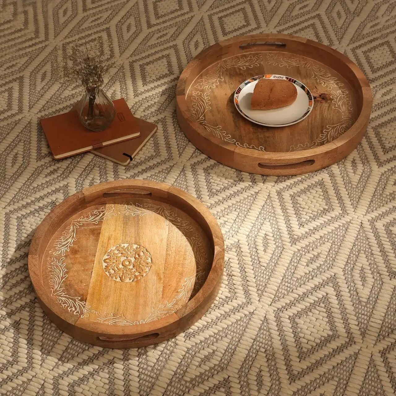 Handcrafted Round Wooden Serving Tray – Rustic Engraved Decorative Tray| Set of 2